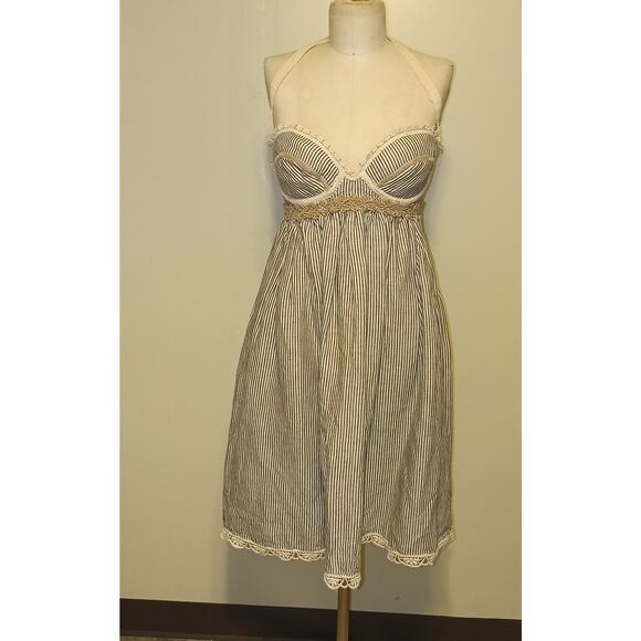Deborah Lindquist Vintage Y2K Blue & Cream Striped Hemp & Cotton Halter Dress  S - Picture 2 of 12